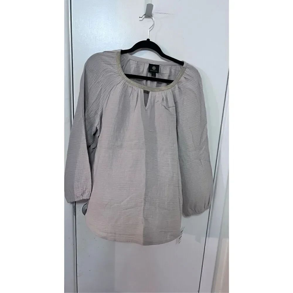 JM COLLECTION TAN GAUZE GOLD TRIM BOHO BLOUSE TOP WOMENS SZ PETITE L P1-284